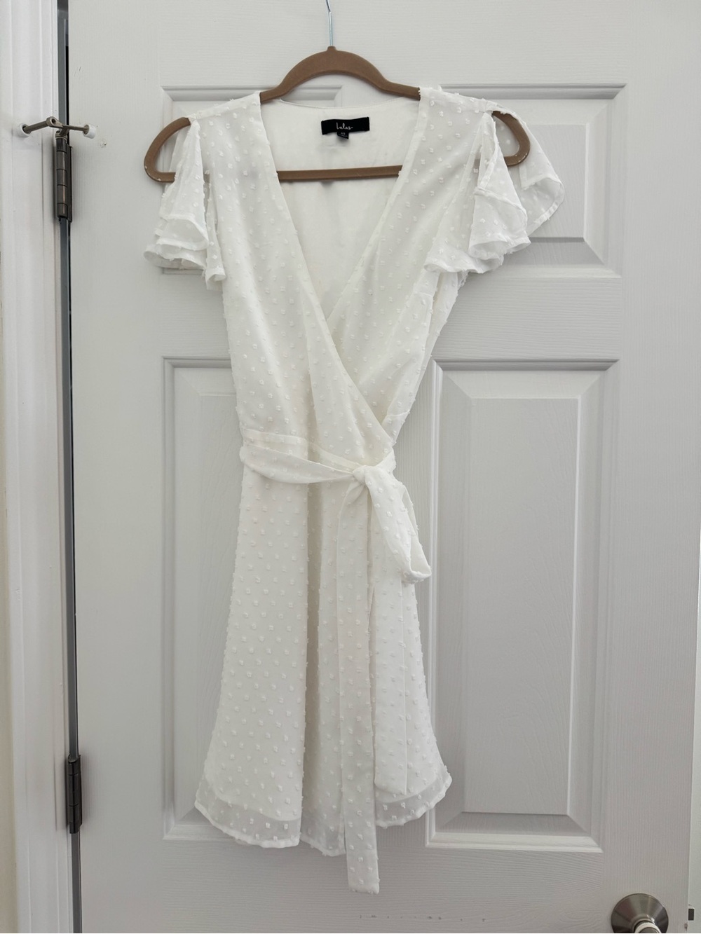 Lulu's Much to Celebrate White Swiss Dot Flutter Sleeve Wrap Mini Dress - Picture 2 of 2